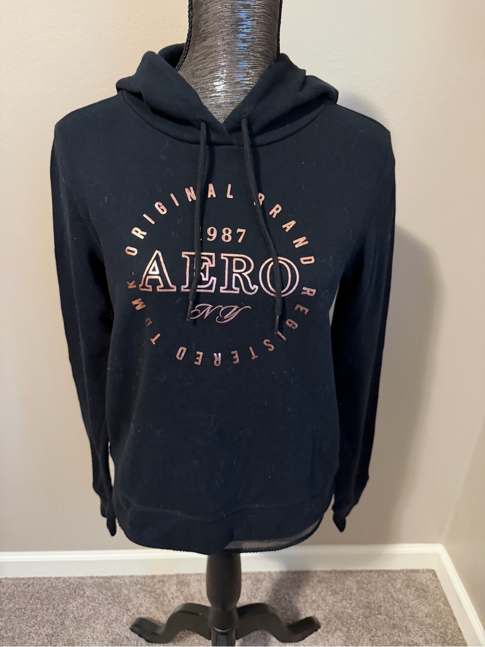 Aeropostale Black Crewneck Hoodie with Gold Logo Accents